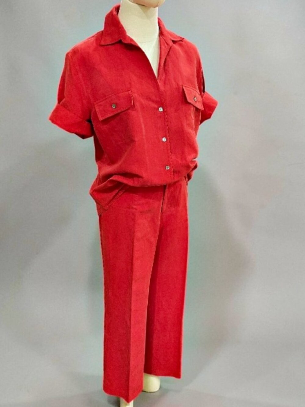 Nygard 2 PC Silk Linen Set Red Button Shirt Crop Pants Women 12 Resort Minimal